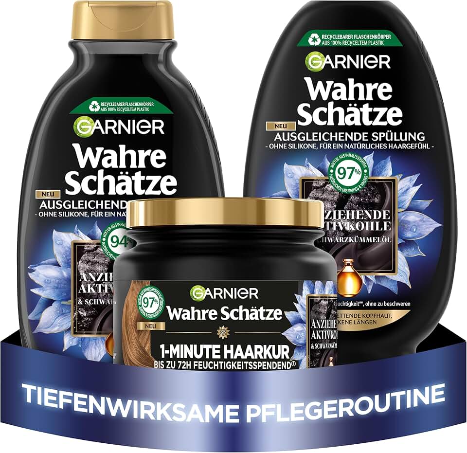 Garnier - lot 3 soins capillaires, 250/200/340ml, charbon actif