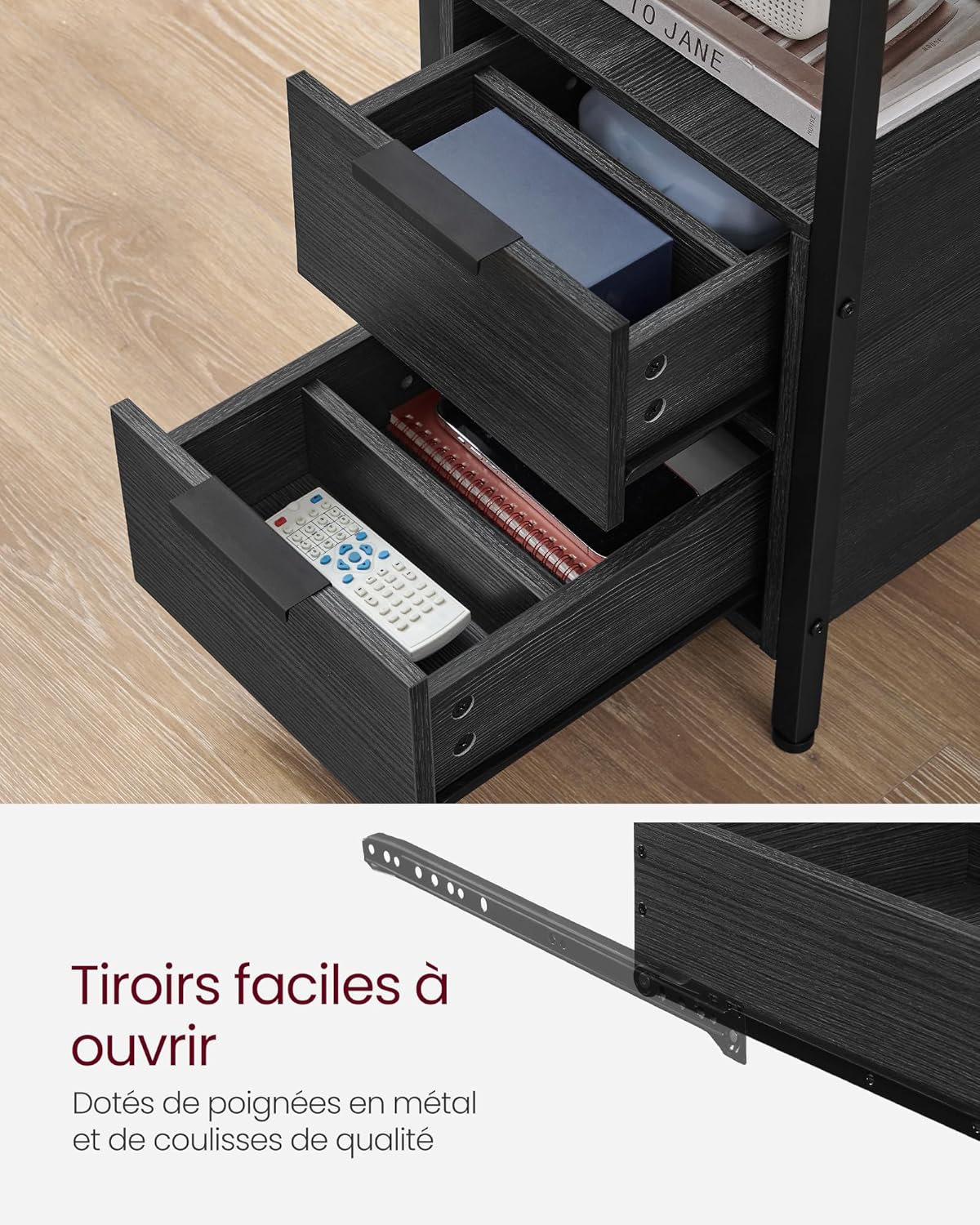 VASAGLE - table d’appoint fine 2 tiroirs, multiprise, gris/noir - LET325B22