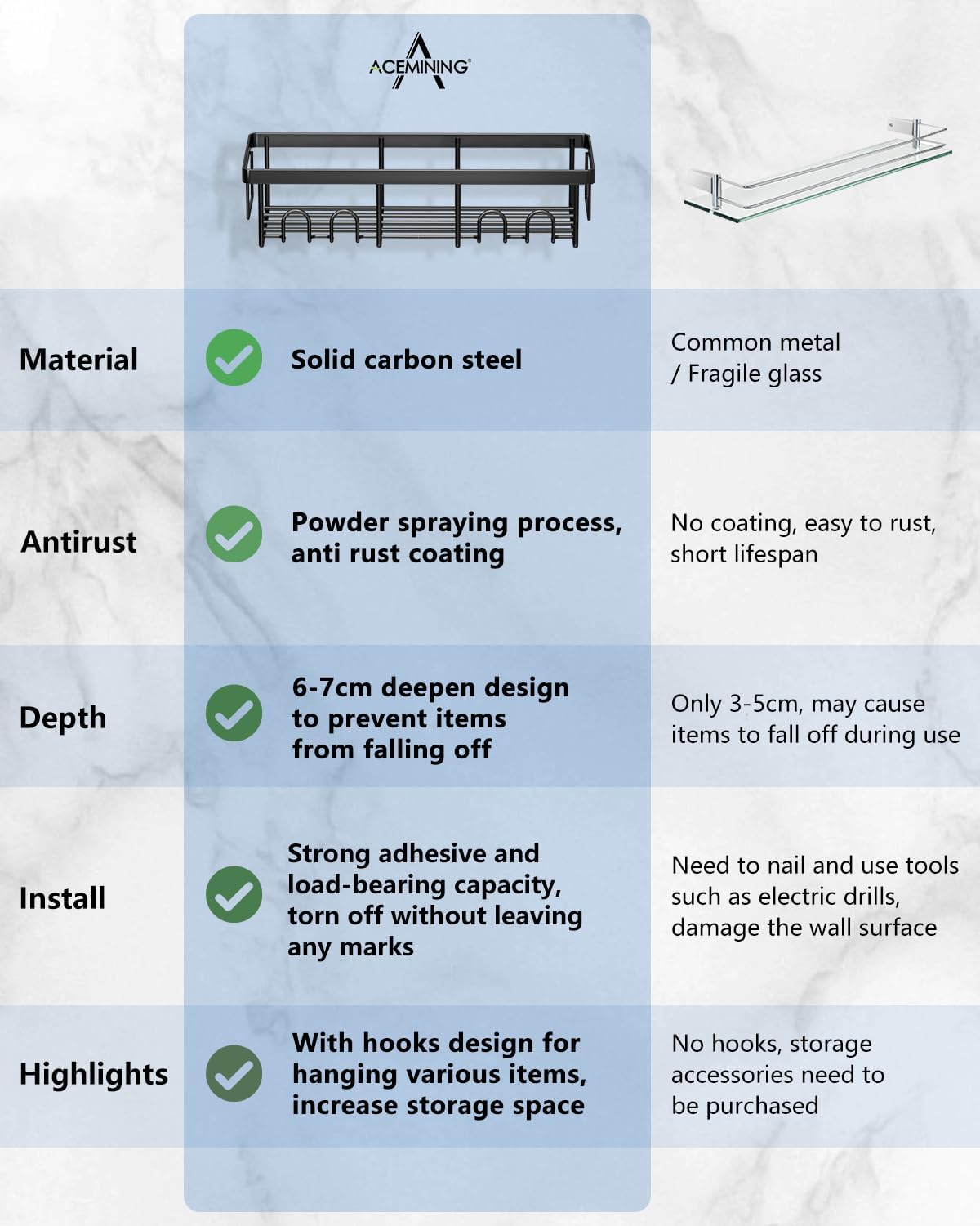 AceMining - Étagère de douche sans perçage, 3 pcs, crochets, rangement compact
