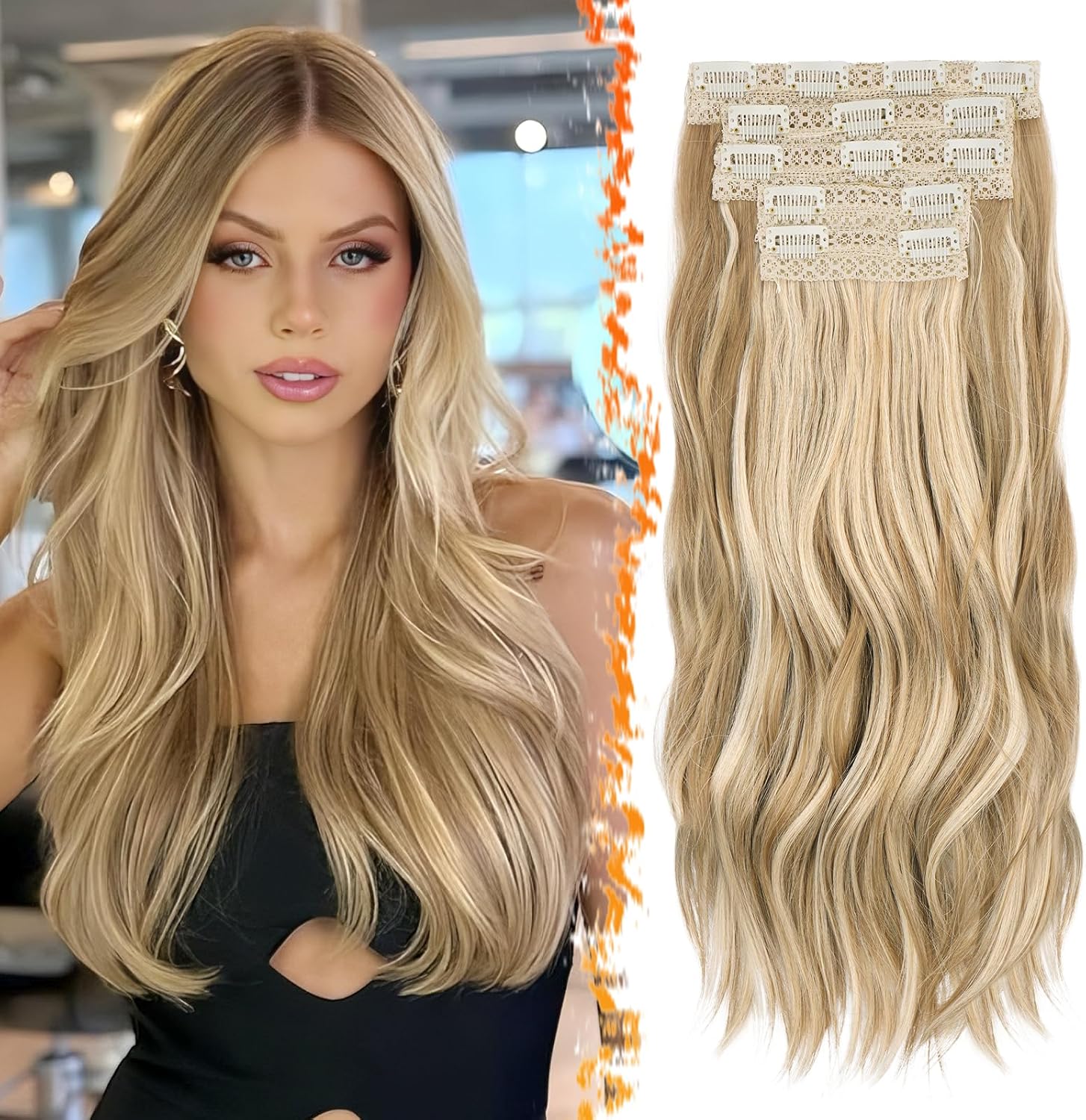 BARSDAR - Extension à clips ondulée 50cm, blond doré, 5pcs, synthétique