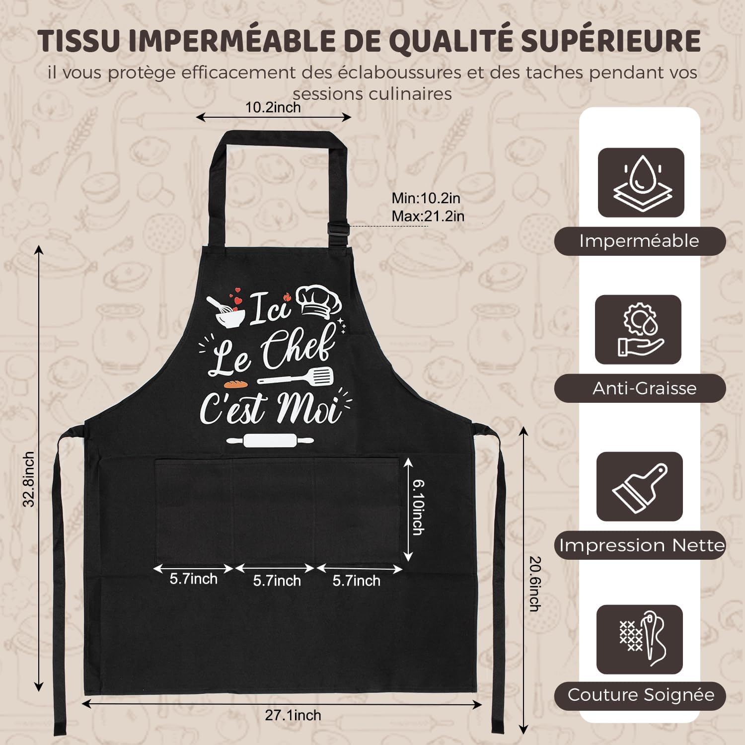 Tablier cuisine homme - humour imperméable réglable - poches pratiques
