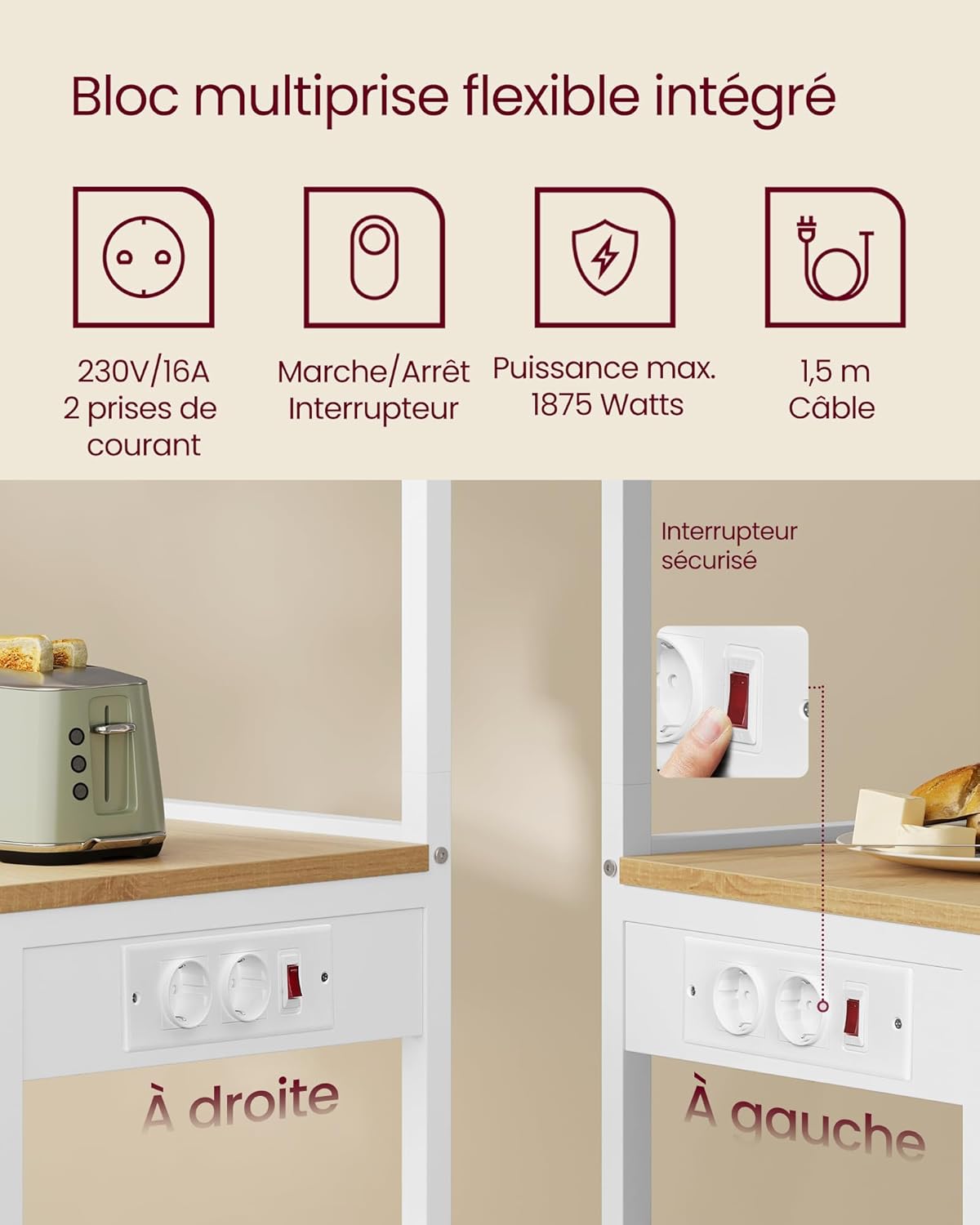 VASAGLE - étagère cuisine 4 niveaux, multiprise, 80x40x140 cm, 8 crochets, KKS029YA02