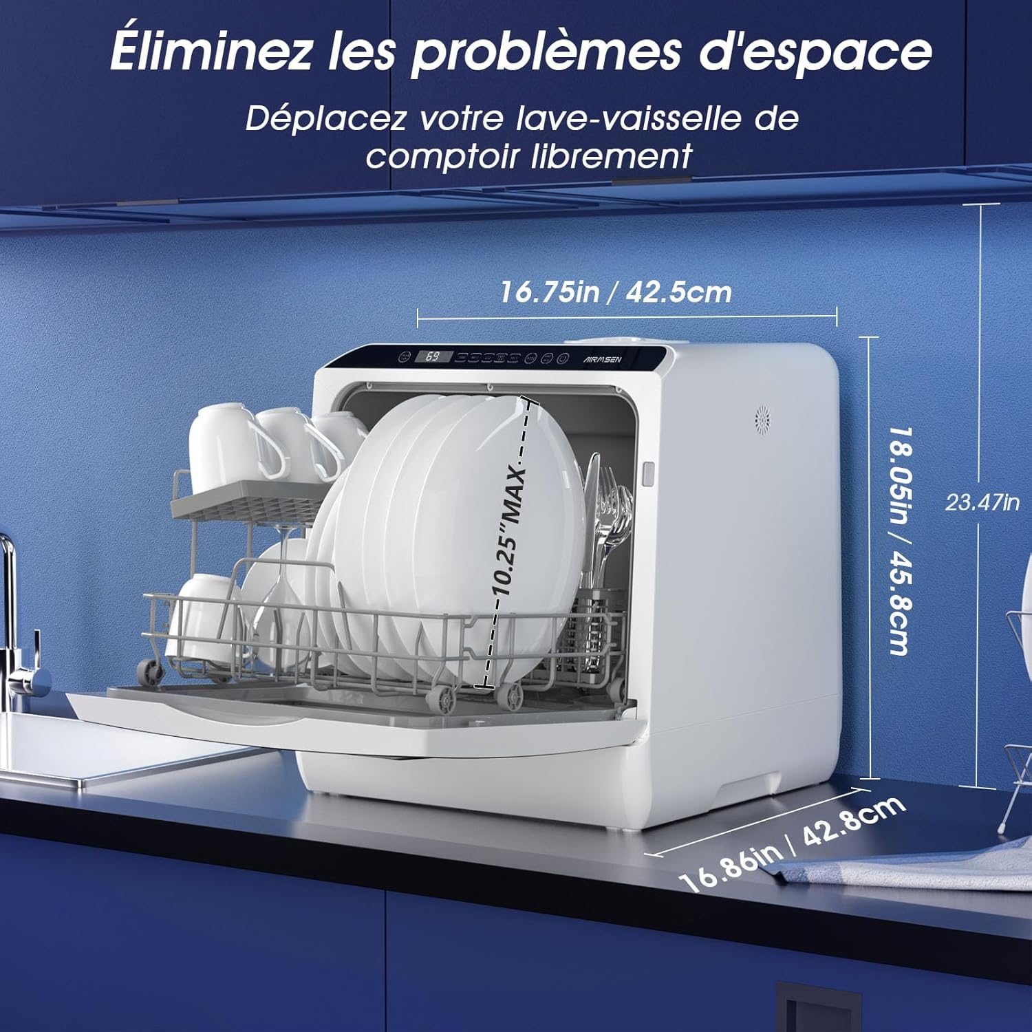 AIRMSEN - Mini lave-vaisselle de comptoir, 5L, écran LED, 5+1 programmes