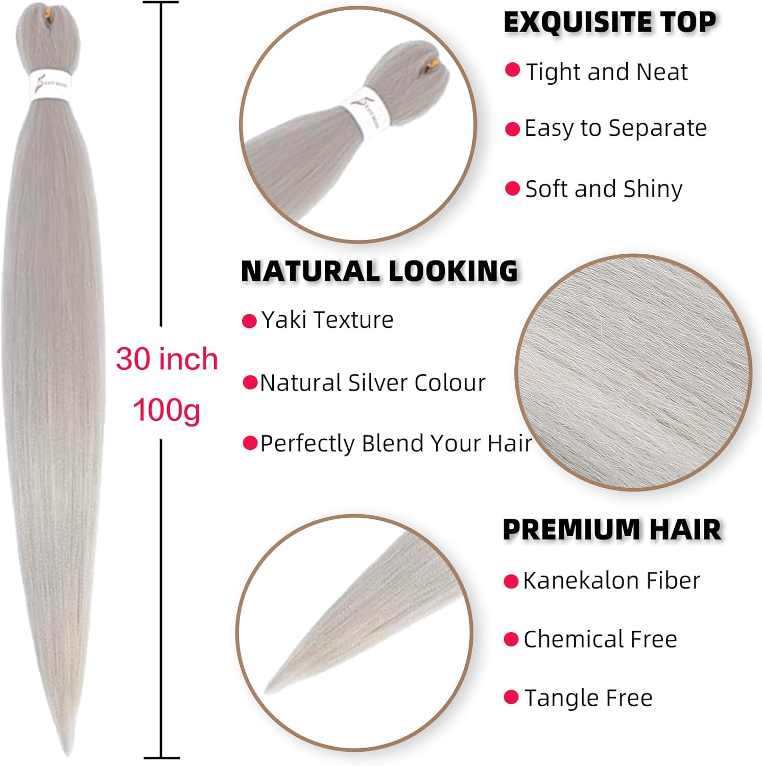 Rajout cheveux tressés pré-étirés - 30 pouces - kanekalon gris argent, 6 paquets, extensions synthétiques