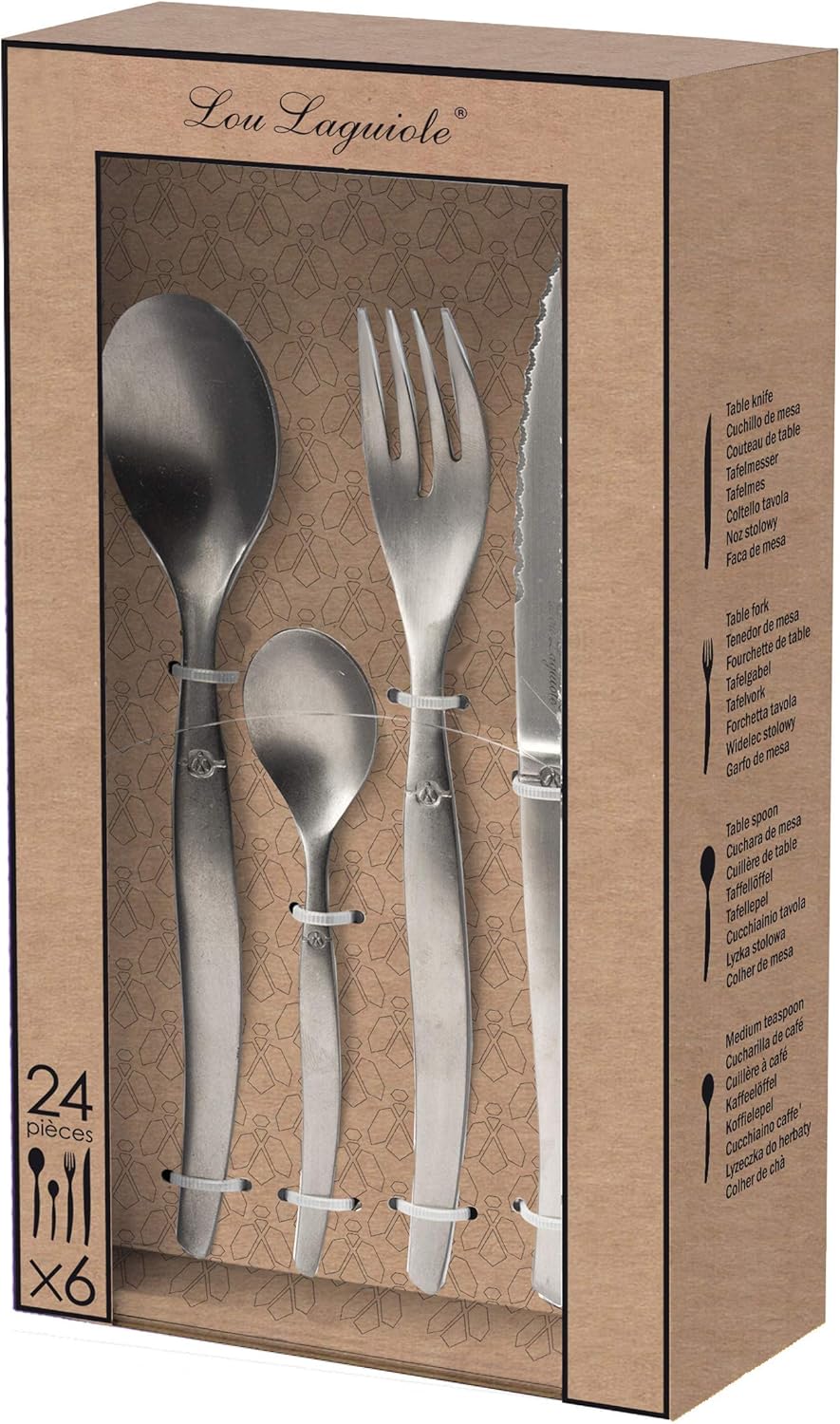 Lou Laguiole - Jet - ménagère 24 pièces, inox 18/0, brillant, gris vintage