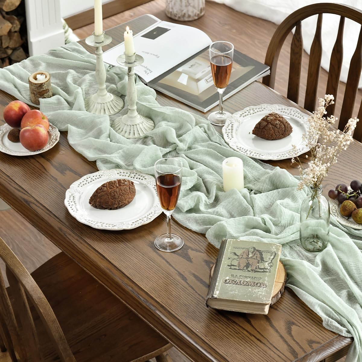 Artoid Mode - Lot de 6 chemins de table, 300cm, gaze mousseline bohème vert sauge, déco mariage/fête