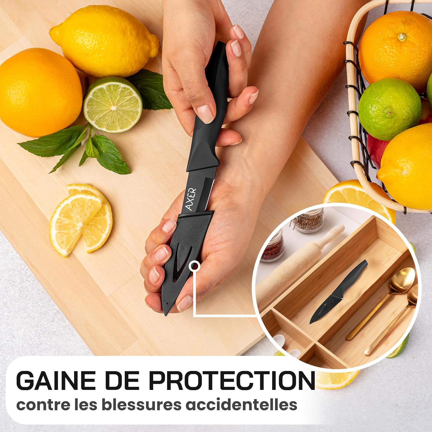 Axer - Couteau de cuisine professionnel - 9 cm - lame fruits et légumes, éplucheur, noir