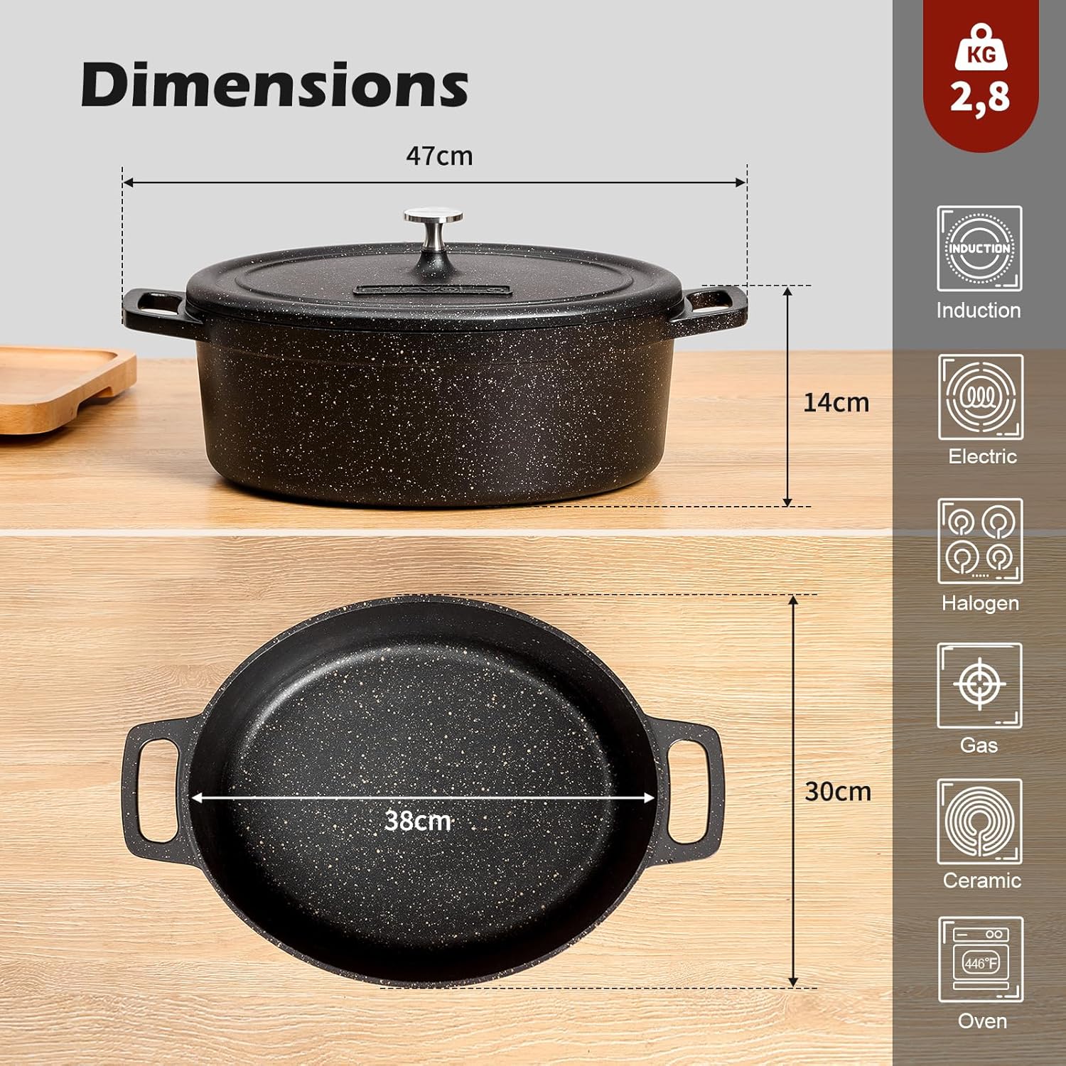 Cocotte fonte ovale 11L, 38cm, antiadhésive, four/gaz, famille