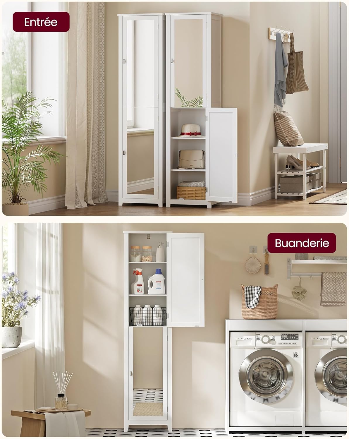 VASAGLE - Armoire salle de bain, miroir, étagères, 30x40x160cm BBC764WH01