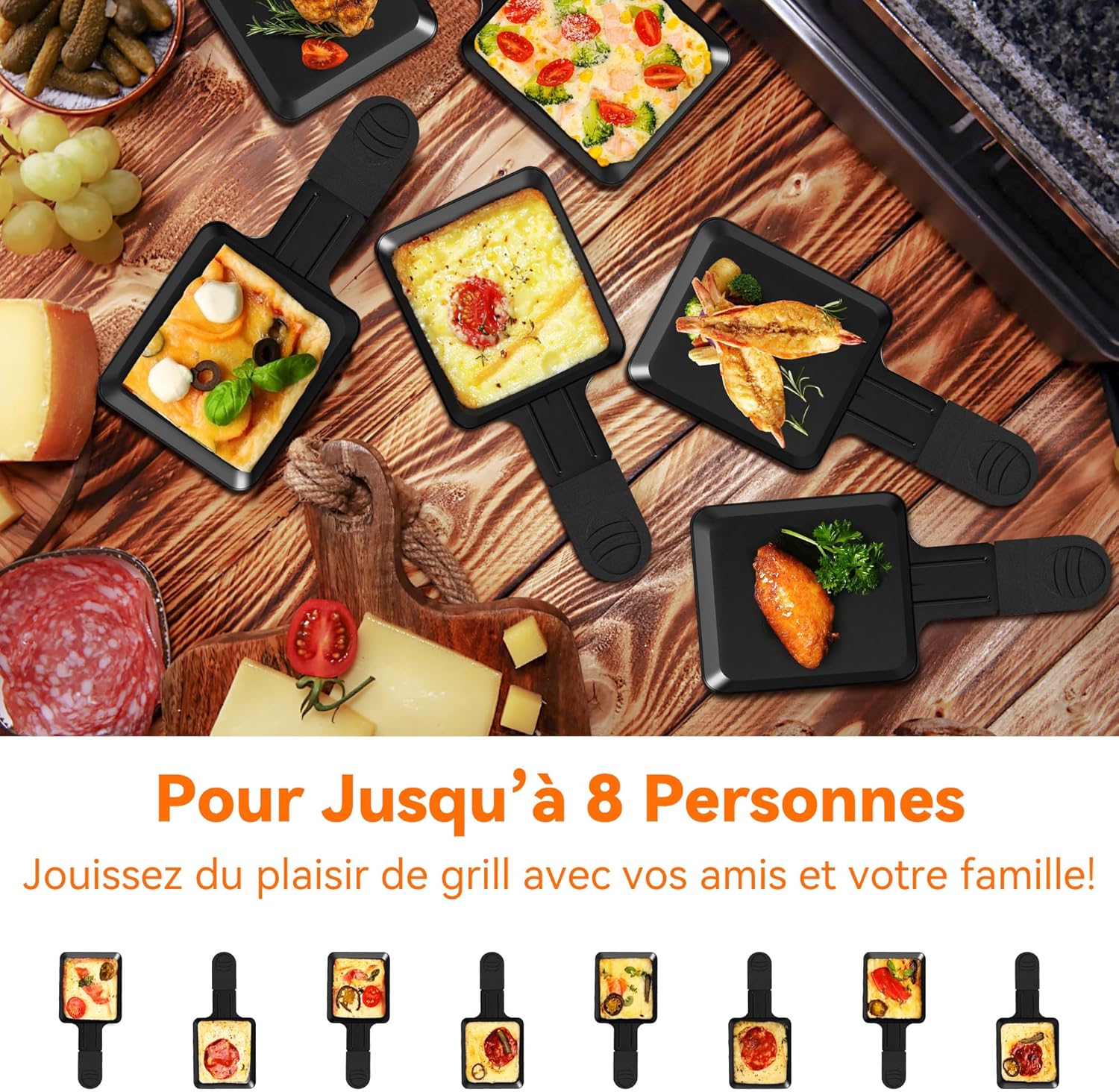 Poêlon raclette carré - 8 pièces - revêtement antiadhésif, poignées isolantes