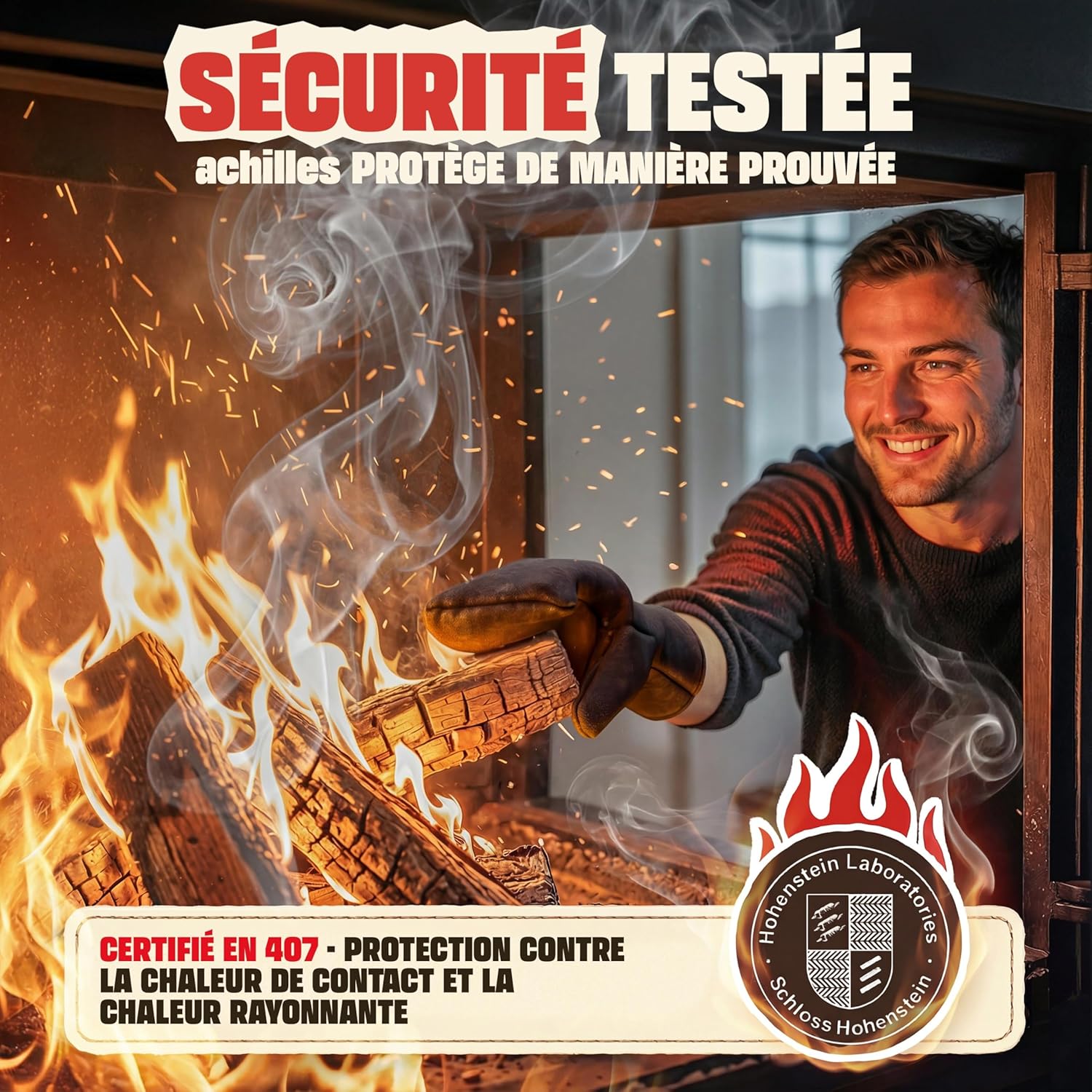 Achilles - Gant cheminée EN407 - cuir, isolation thermique, ignifuge, noir