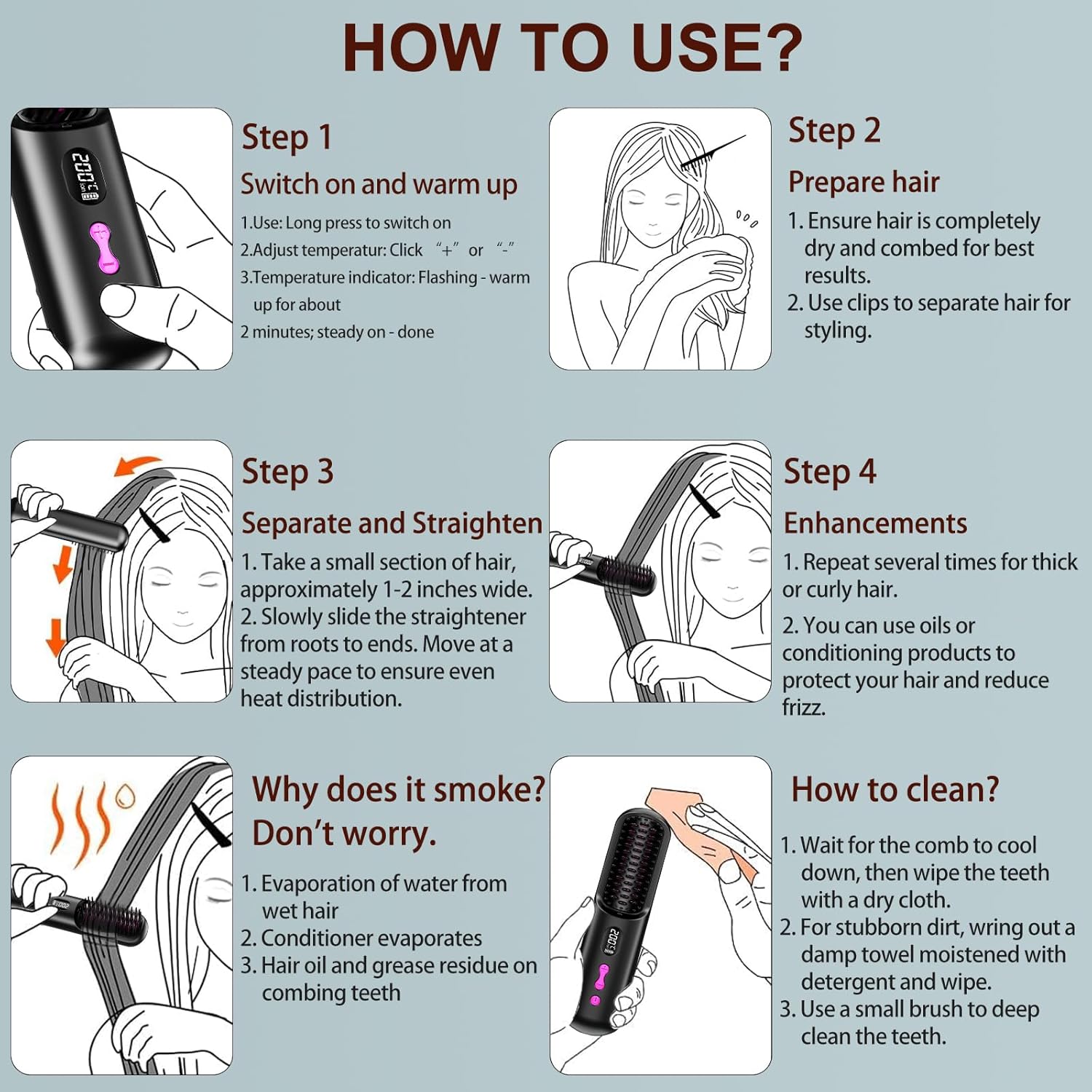 Brosse lissante sans fil - rechargeable USB 9600mAh, ions négatifs, chauffante, portable