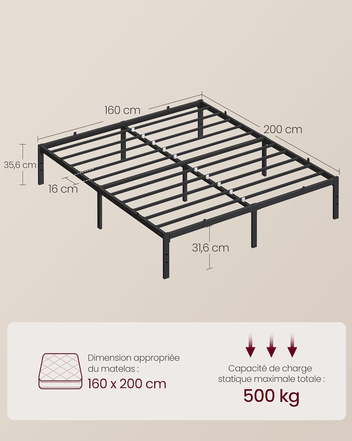 VASAGLE - cadre de lit moderne 160x200 cm, métal, rangement sous le lit, RMB135B01