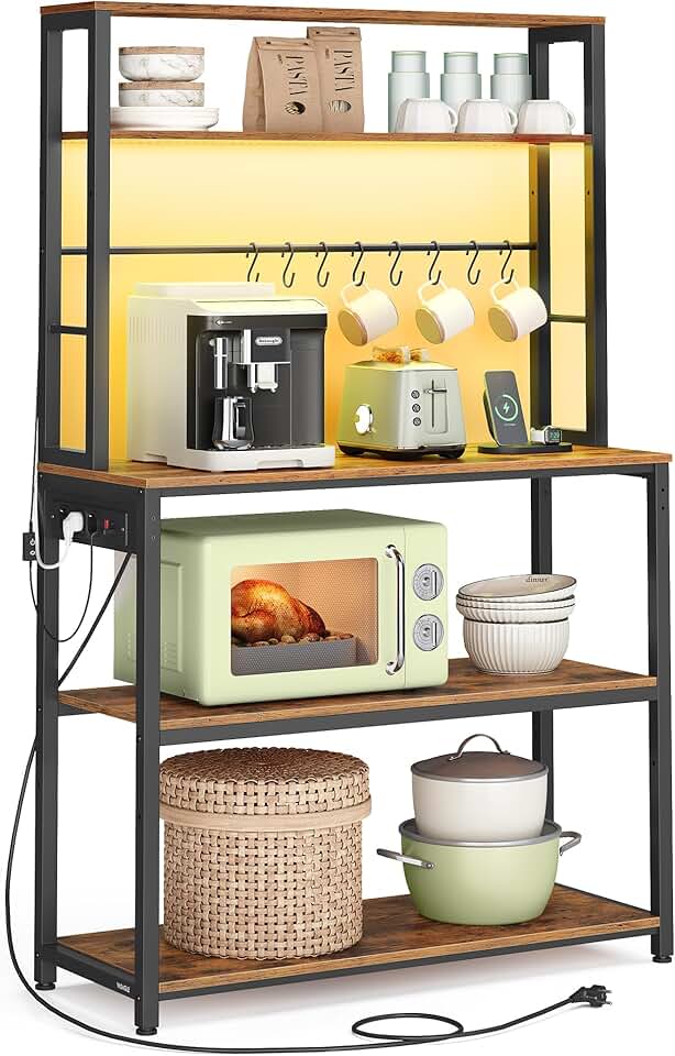 VASAGLE - étagère cuisine LED, multiprise, 8 crochets, étagères réglables, 40x80x168,4 cm - KKS050KD01