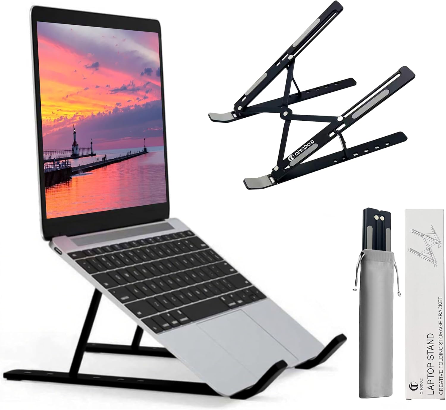 AiTodos - Support ordinateur portable aluminium - léger pliable, 6 réglages, dissipation chaleur, compact - Noir