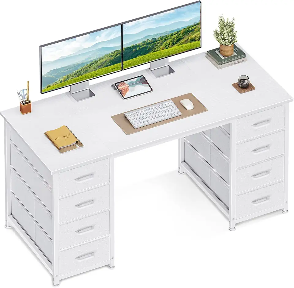 Coleshome - bureau avec 8 tiroirs tissu - 120x48cm - blanc, robuste, rangement