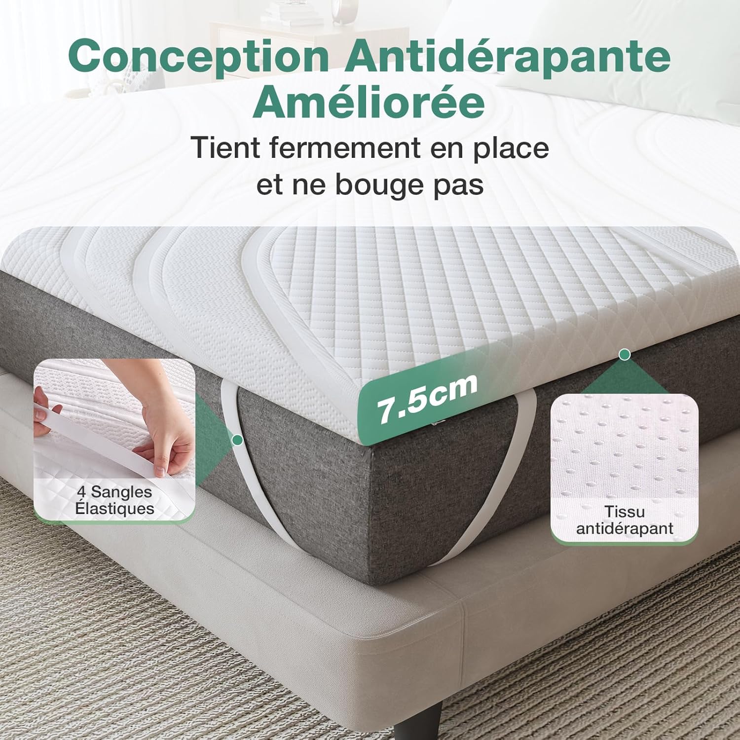 Novilla - surmatelas 7,5cm 150x190 - mémoire de forme, gel, antidérapant, lavable
