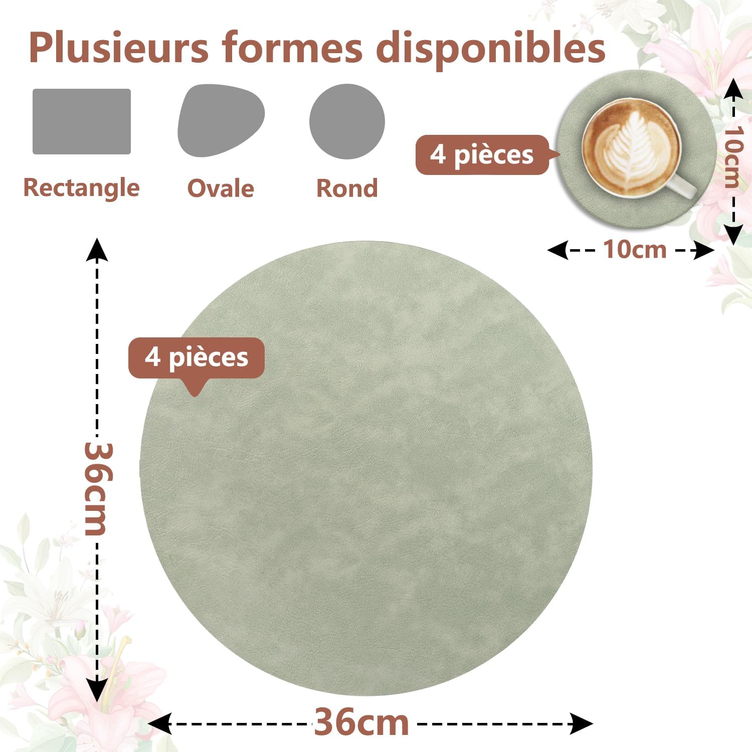 Set de table - rond double face cuir PU - 36x36cm - lavable et antidérapant