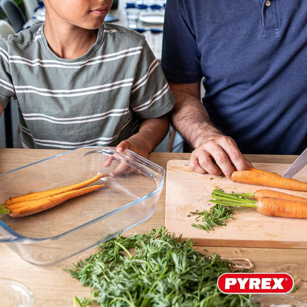 Pyrex - Lot de 3 plats à four rectangulaires - larges poignées, verre borosilicate, format familial