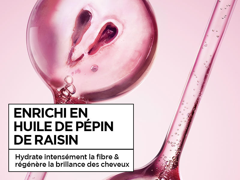 Le texte indique « ENRICHI EN HUILE DE PEPIN DE RAISIN ». Plans rapprochés de produits montrant une substance liquide rose dans des récipients ou des récipients en verre.