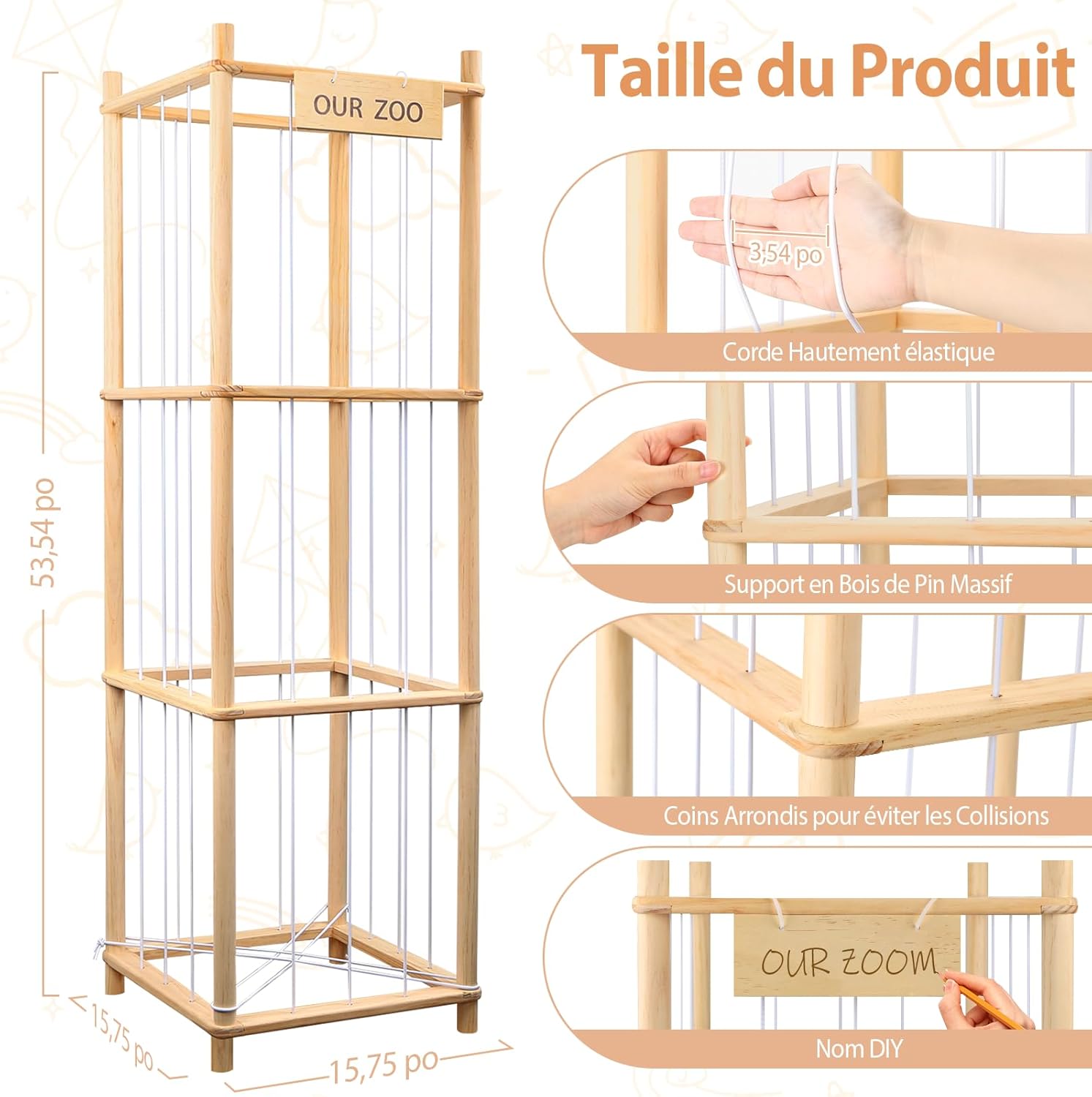 Rangement peluche enfant - tour bois 136x40x40cm - grande capacité