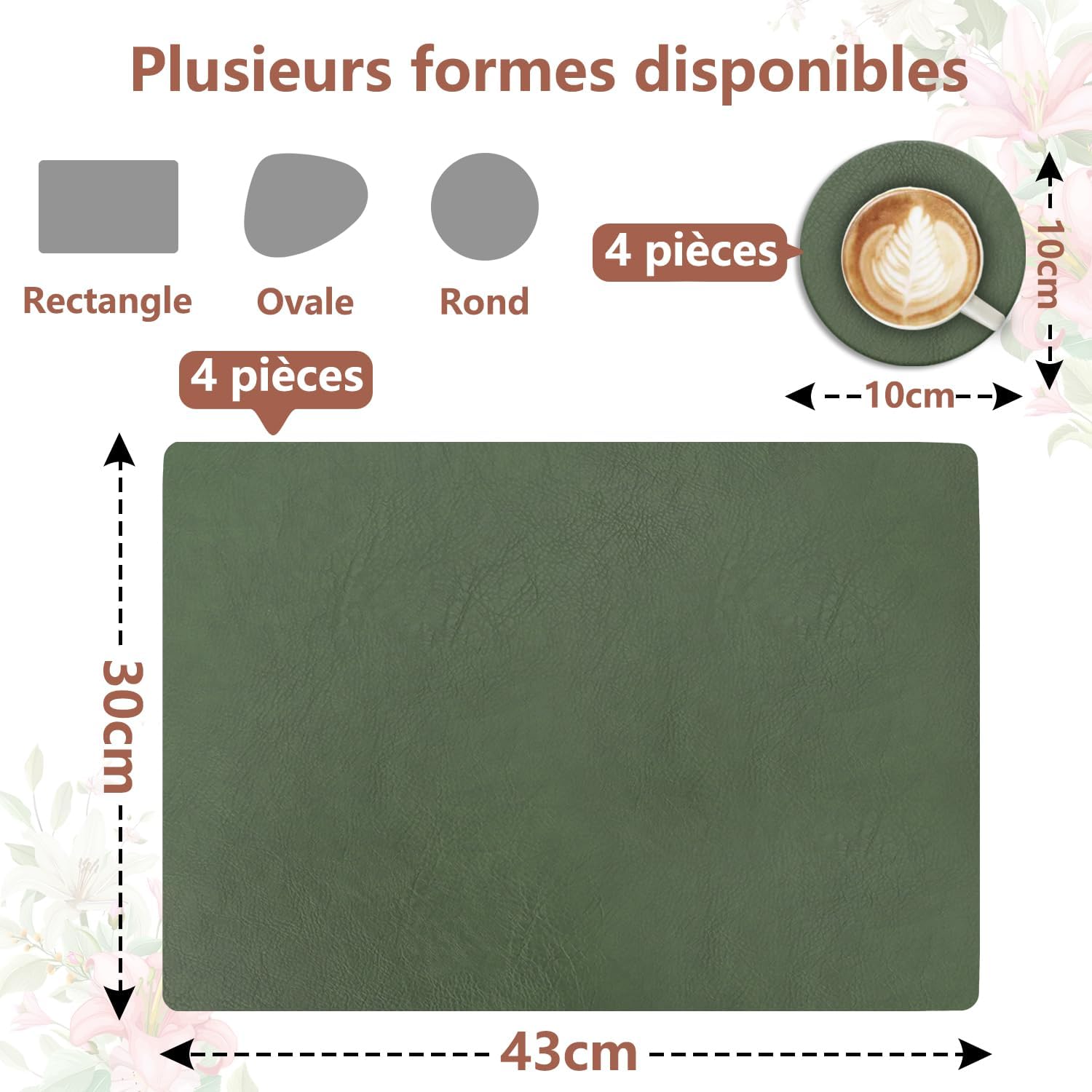 Set de table - cuir PU double face 43x30cm - lavable, antidérapant, lot de 4