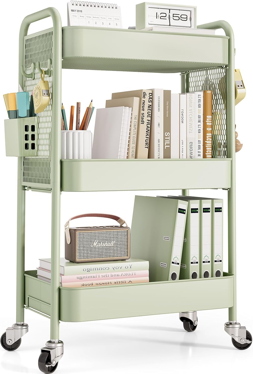 Chariot de rangement - 3 niveaux, boîtes et crochets, roulettes, vert