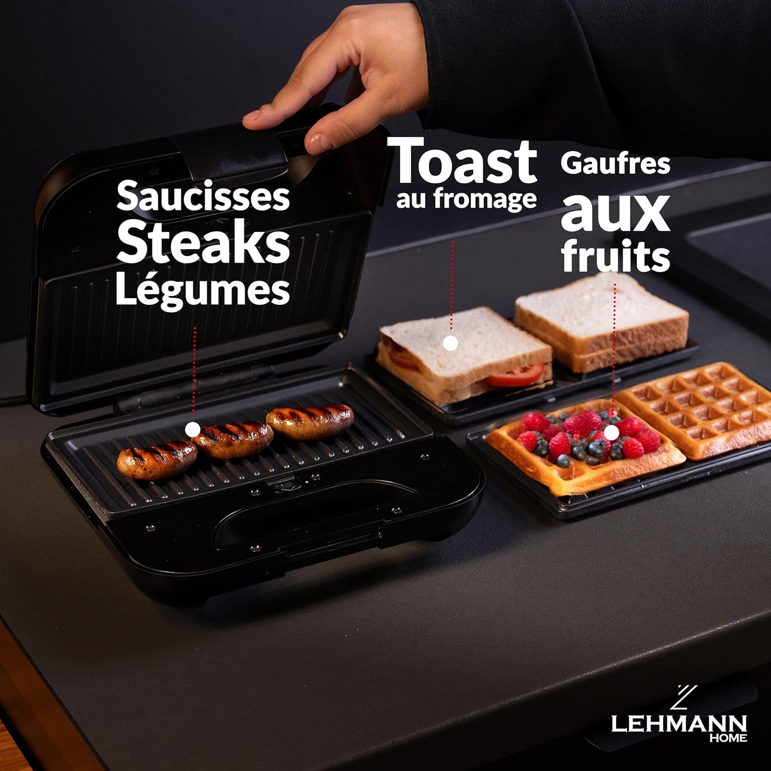 LEHMANN - Appareil 3 en 1 - plaques échangeables - gaufres, panini, croque monsieur, antiadhésif