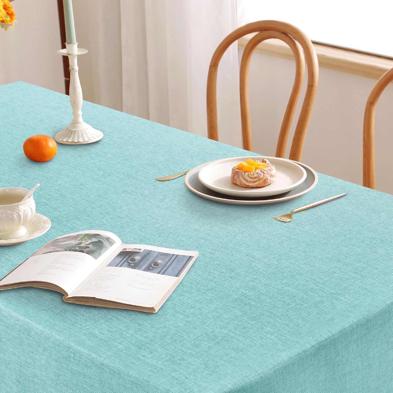 DWCN - Aqua Bleu nappe imperméable effet lin 135x135cm anti-tache