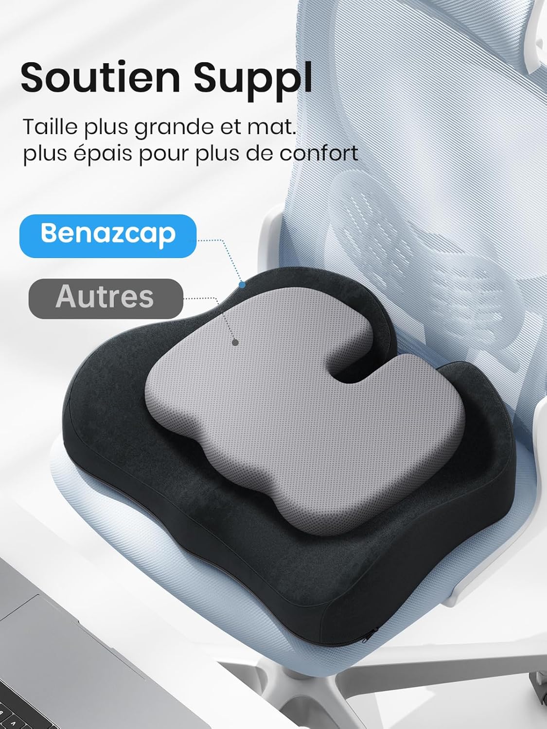 Benazcap - Coussin Coccyx ergonomique - mousse mémoire, soulage hanches et sciatique, pour bureau, fauteuil, voiture
