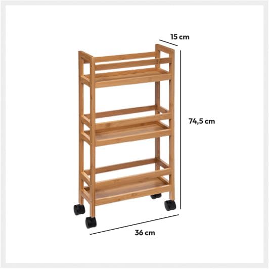5five - desserte 3 niveaux roulante bambou, format étroit, 58x22x64cm