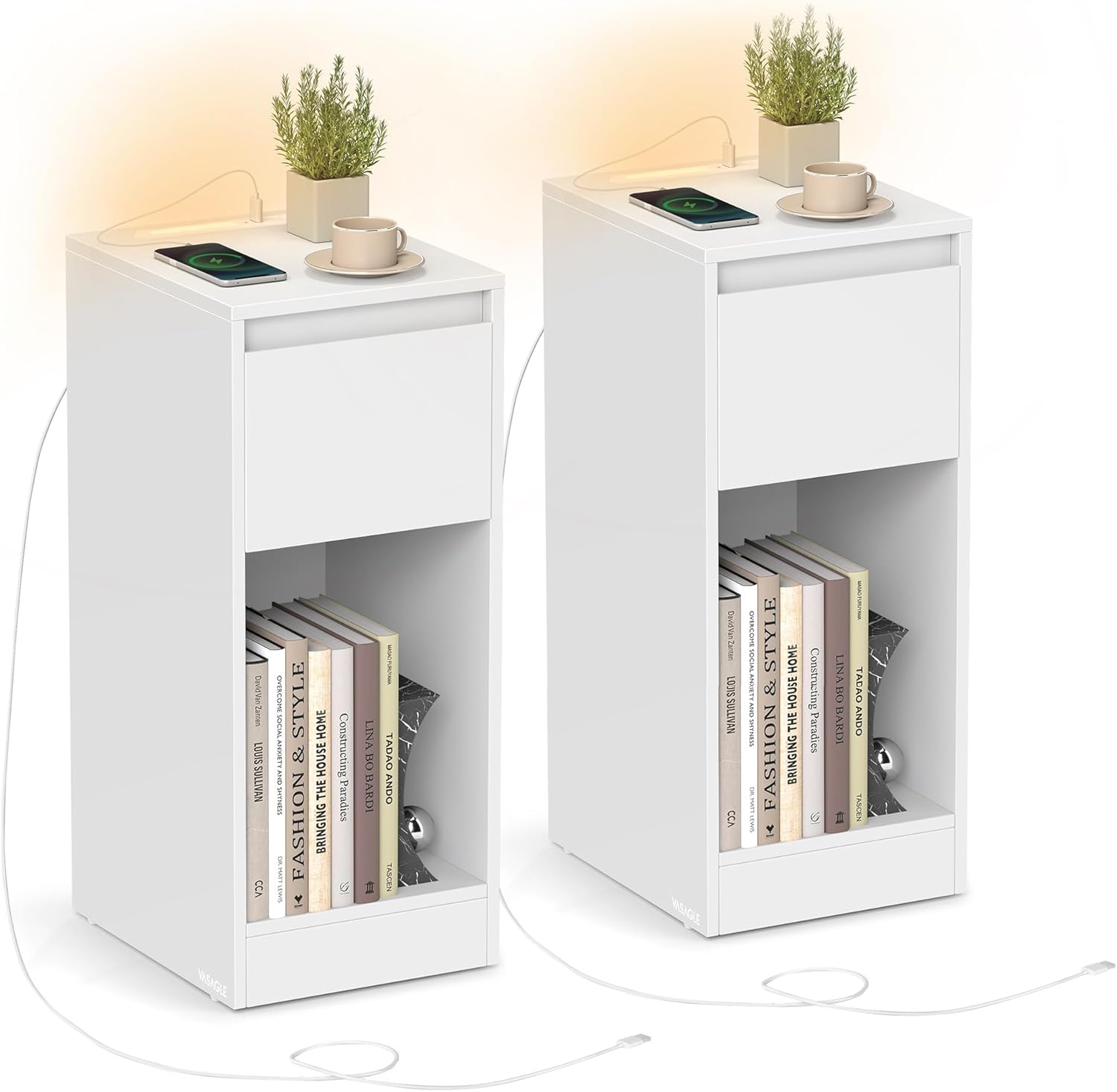 VASAGLE - table de chevet lot de 2, LED, USB, tiroirs, blanc, LET710W01