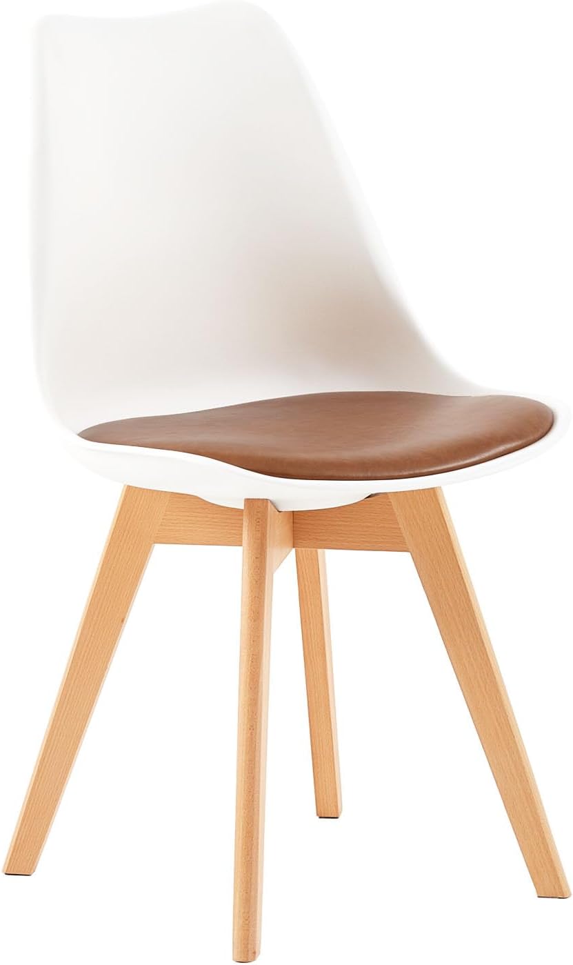 EGGREE - Lot de 8 chaises scandinaves, bois hêtre, cuir PU, blanc/marron