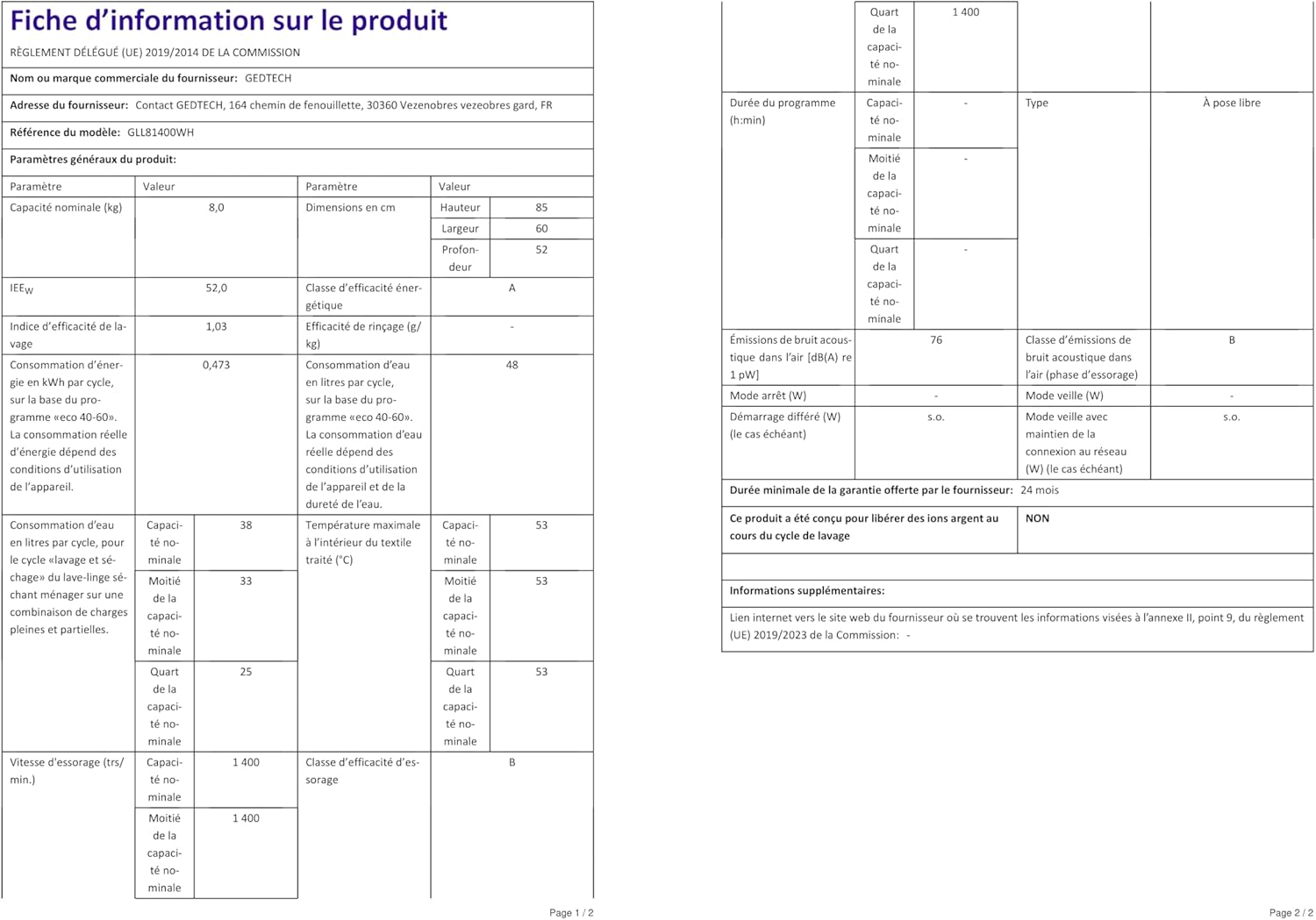GEDTECH - Lave-linge frontal 8kg 1400tr Classe A-10% 16 programmes GLL81400WH