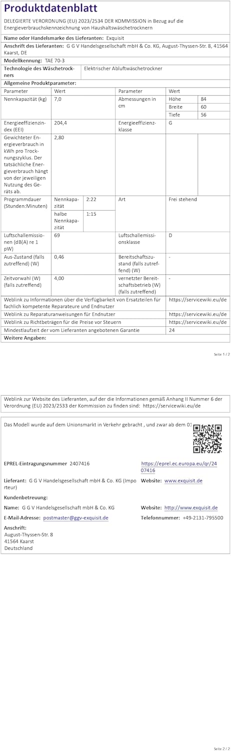 Exquisit - Sèche-linge série TAE - 7 kg, 8 programmes, départ différé, TAE70-3